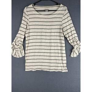 Chicos Size 0 Small 3/4 Sleeve Ruffle Cuff Shirt Rayon Stretch Top Beige Striped